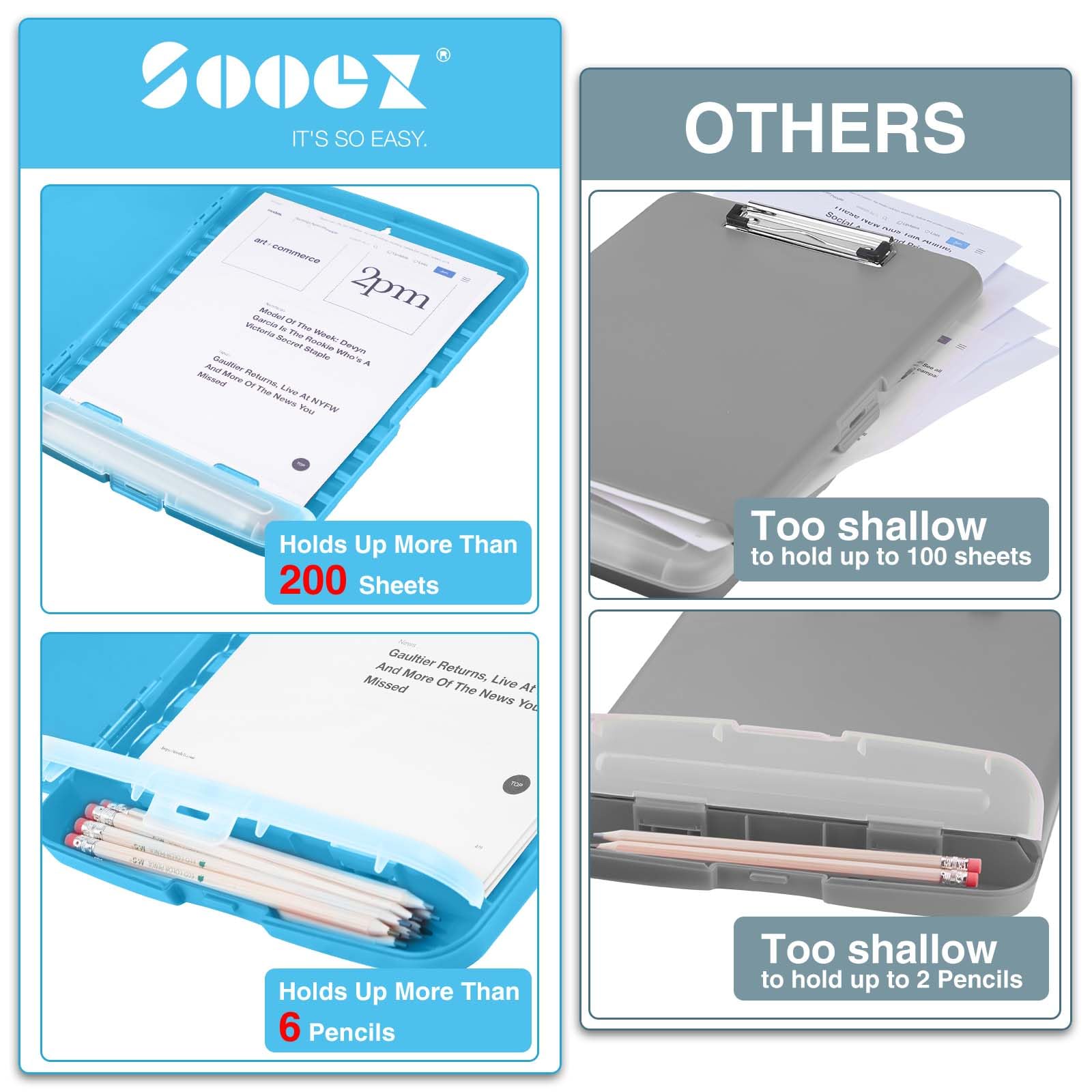 Sooez Clipboard with Storage, Clip Board 8.5 x 11 with Pen Holder, Plastic Organization Case Box for Letter Legal A4 Size Paper, Low Profile Clip, Nurses Teachers Must Haves, School & Office Supplies
