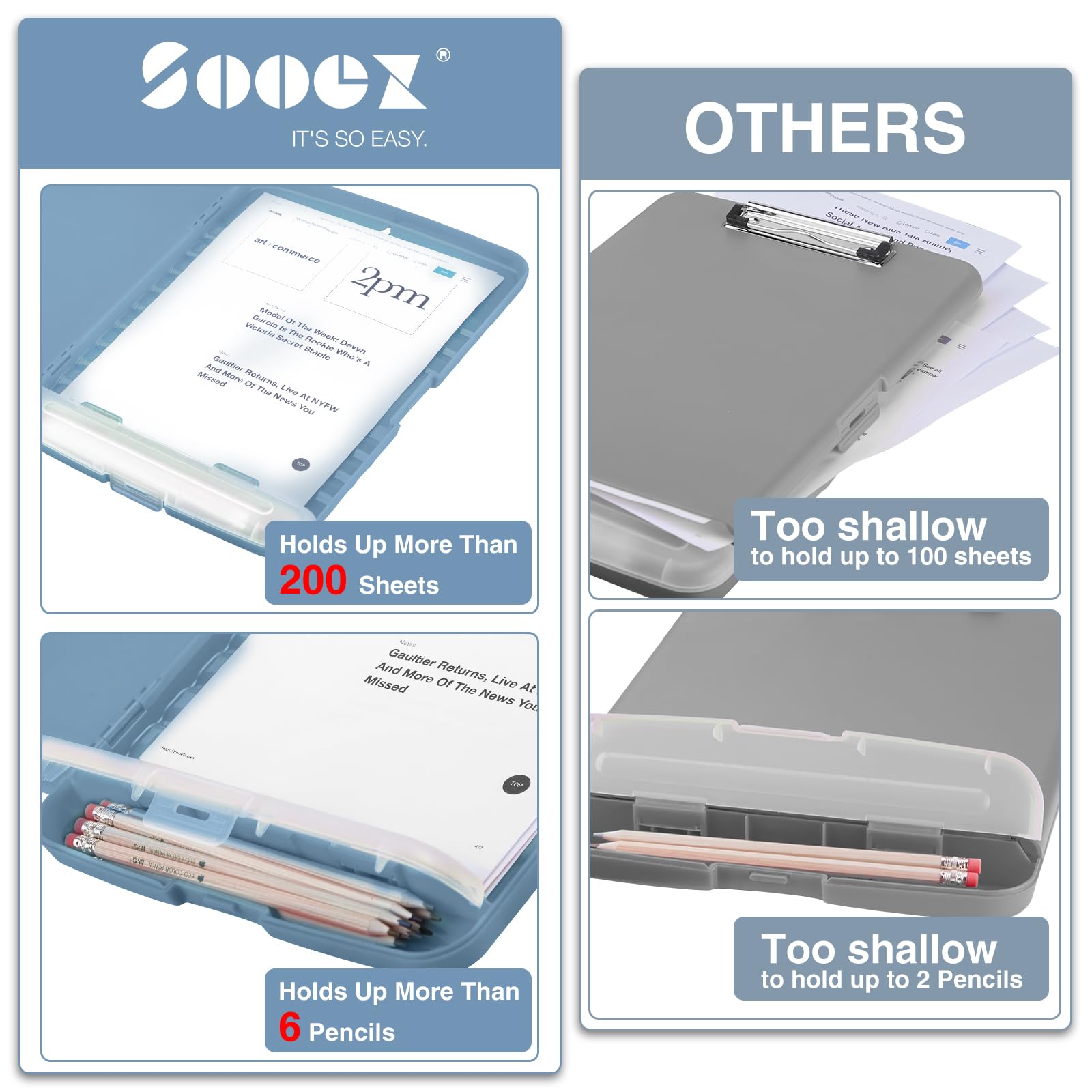 Sooez Clipboard with Storage, Clip Board 8.5 x 11 with Pen Holder, Plastic Organization Case Box for Letter Legal A4 Size Paper, Low Profile Clip, Nurses Teachers Must Haves, School & Office Supplies