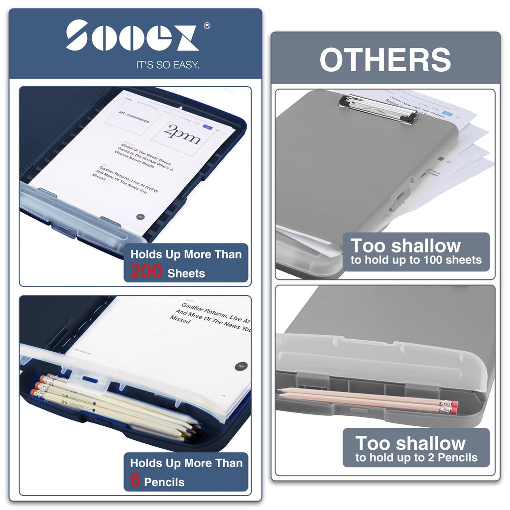 Sooez Clipboard with Storage, Clip Board 8.5 x 11 with Pen Holder, Plastic Organization Case Box for Letter Legal A4 Size Paper, Low Profile Clip, Nurses Teachers Must Haves, School & Office Supplies