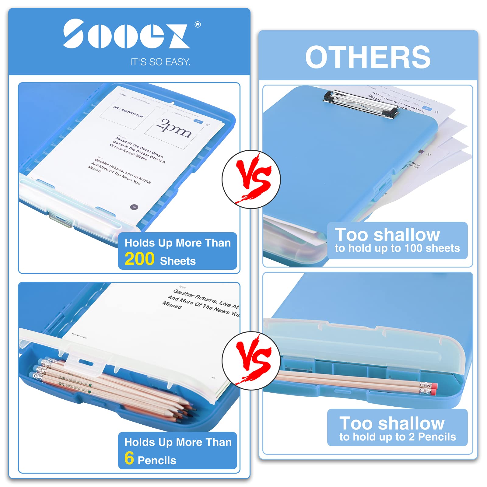 Sooez Clipboard with Storage, Clip Board 8.5 x 11 with Pen Holder, Plastic Organization Case Box for Letter Legal A4 Size Paper, Low Profile Clip, Nurses Teachers Must Haves, School & Office Supplies