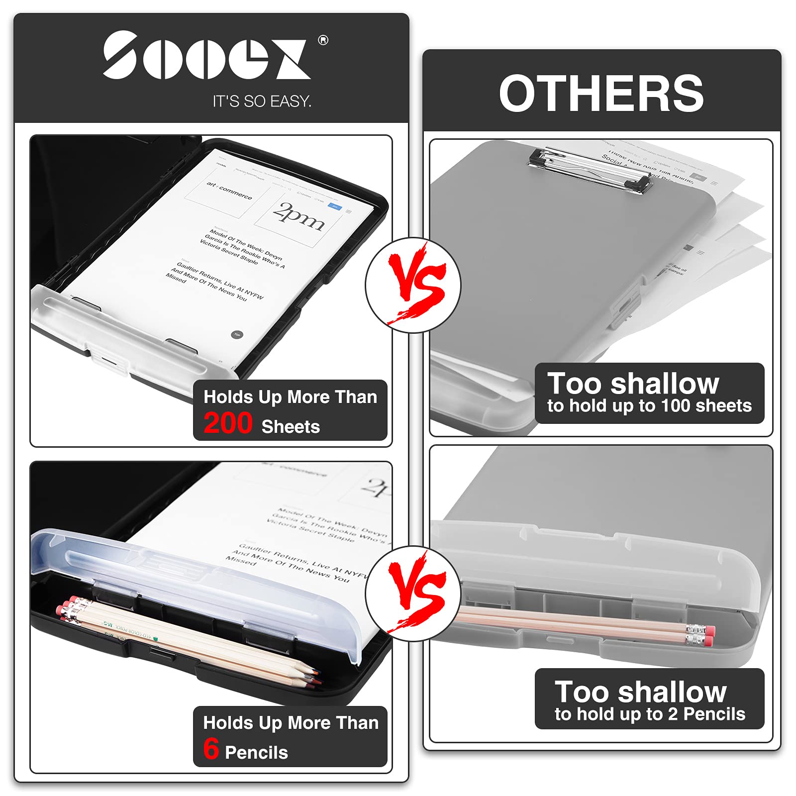 Sooez Clipboard with Storage, Clip Board 8.5 x 11 with Pen Holder, Plastic Organization Case Box for Letter Legal A4 Size Paper, Low Profile Clip, Nurses Teachers Must Haves, School & Office Supplies