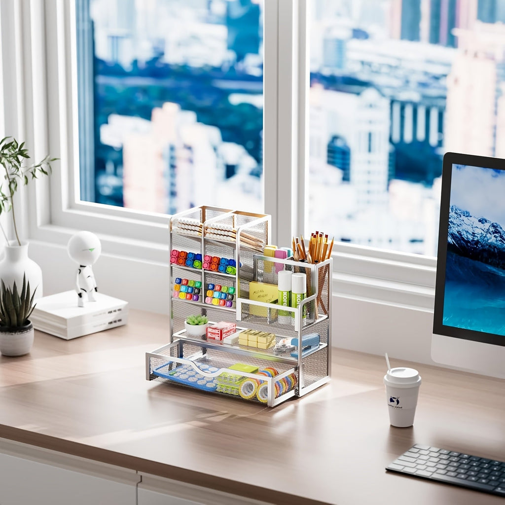 Iron Mesh Desk Organizer Multi-Layer Stationery Storage Box Office School Supplies