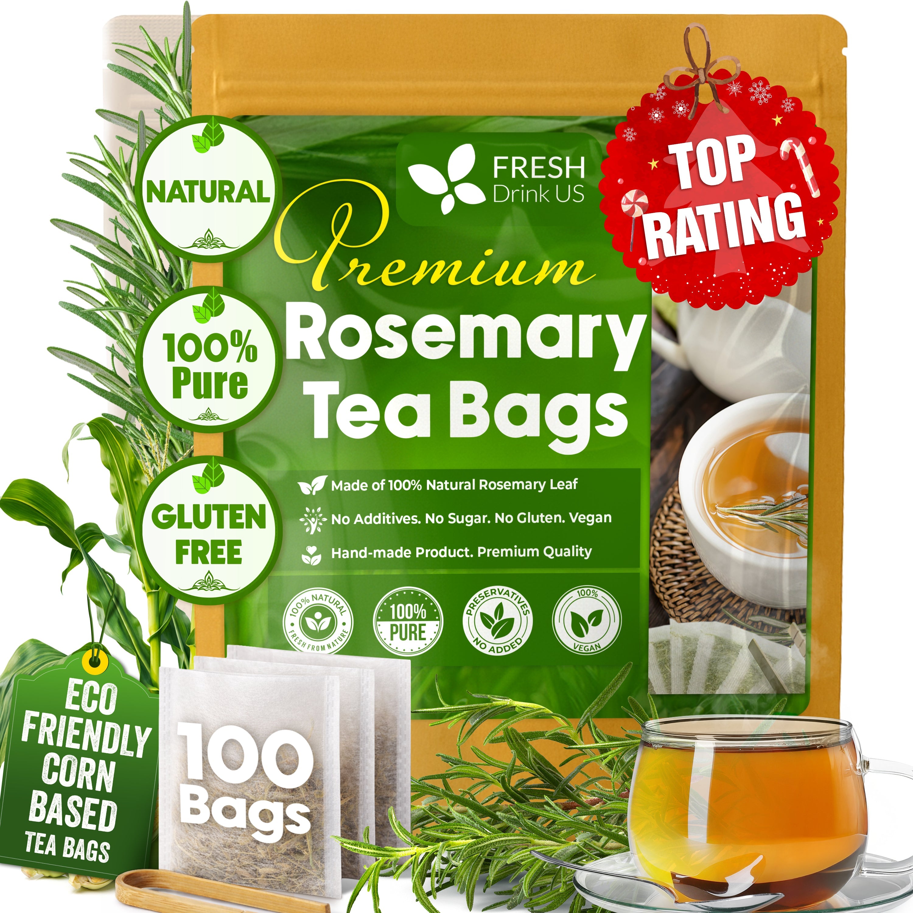 Premium Rosemary Leaves, Tea Bags, Powder, 100% Natural & Pure from Dried Rosemary Leaves, No Additives, No Caffeine, Vegan. Dried Rosemary Herb, Perfect for Seasoning, Spice Blends for Grilling & Cooking