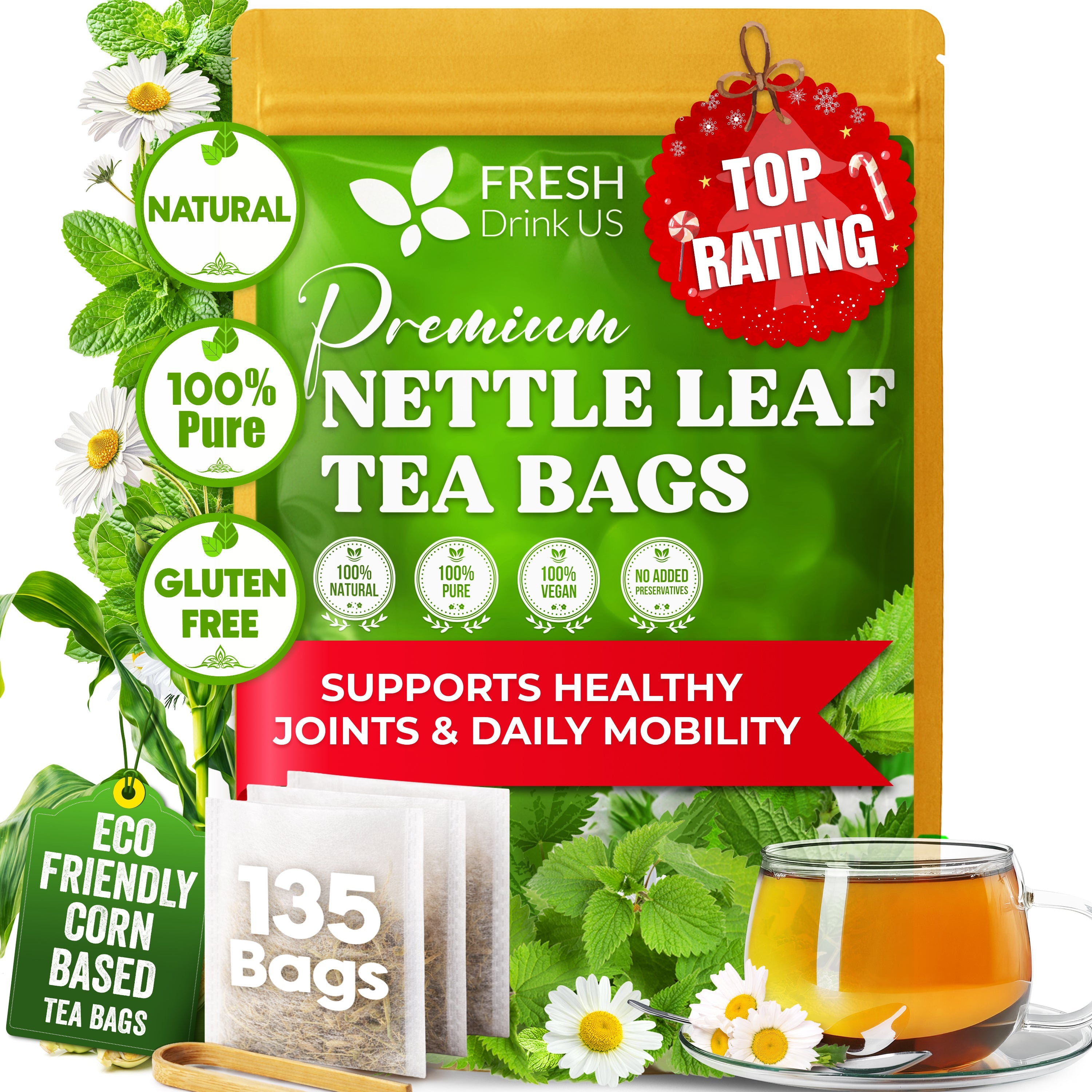 Premium Nettle Leaf Tea Bags, 100% Natural & Pure, Stinging Nettle Leaf Tea, Nettle Leaf Tea, Burn Nettle, Stinging Nettle, Nettle Tea, Stinger Tea, No Sugar/Caffeine & Gluten, Vegan