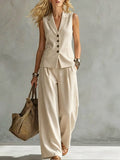 Women's Solid Linen Sleeveless Tank Top & Full-Length Pants Set