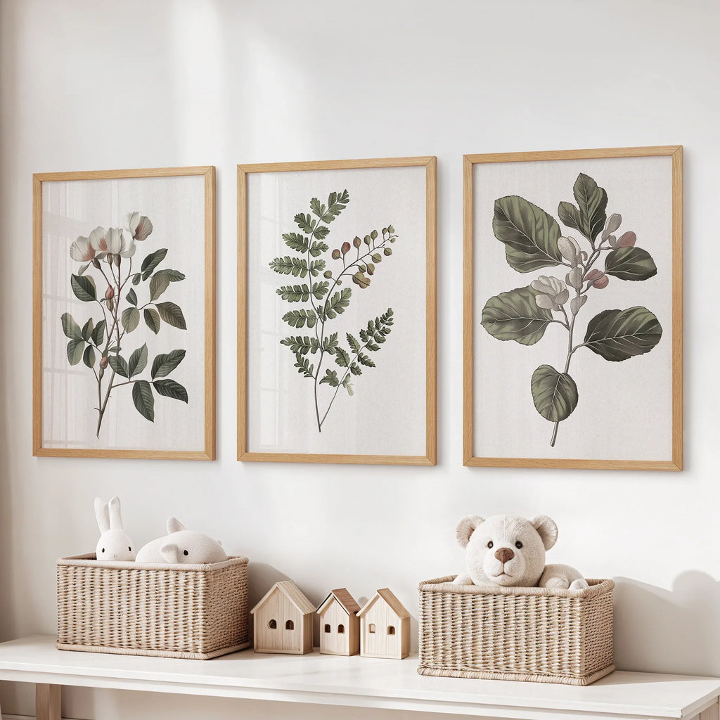 Minimalist Lithographic Plants Prints. 3 Piece Botanical Art