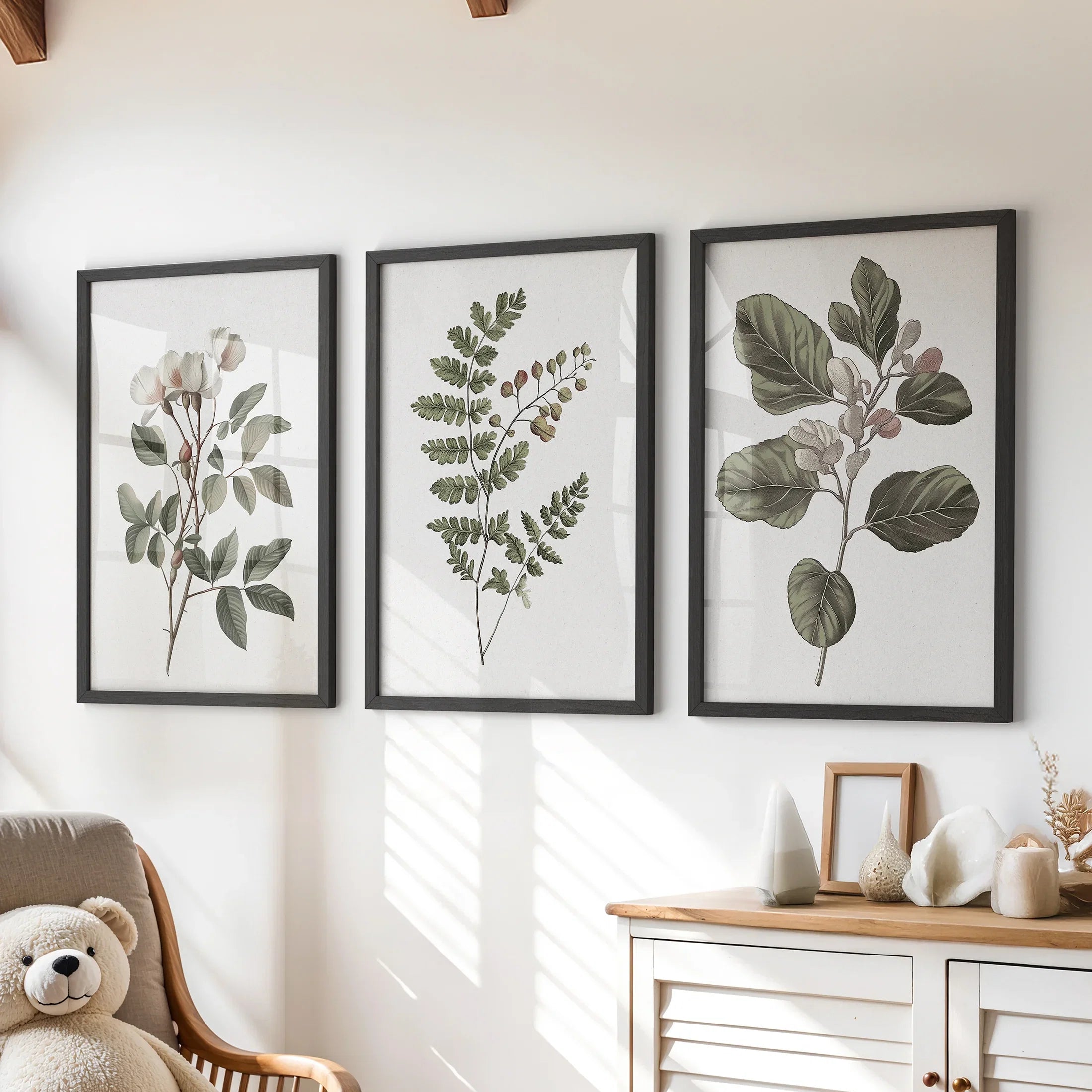 Minimalist Lithographic Plants Prints. 3 Piece Botanical Art